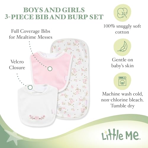 Little Me Clothes for Baby Boys’ and Girls’ 2 Bibs and 1 Burp Cloth Set, Soft Cotton Feeding Essentials with Velcro Closures4