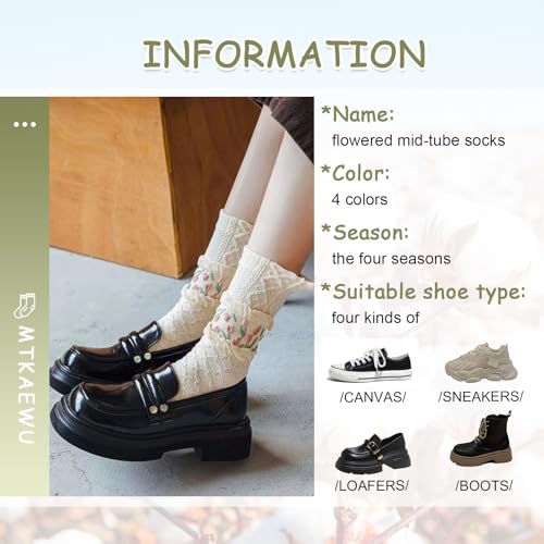 Image of 4 /5 Pack Cute Womens Floral Socks, Cotton Vintage Embroidered Casual Crew Socks, Girly Cottagecore Tulip Dress Socks