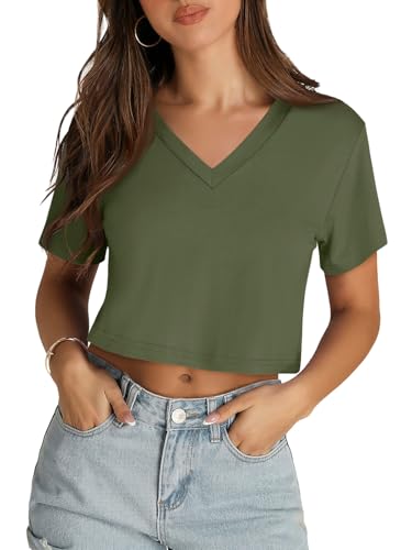 Image of Womens Crop Tops Short Sleeve V Neck Summer Cropped T Shirts Baisc Tees