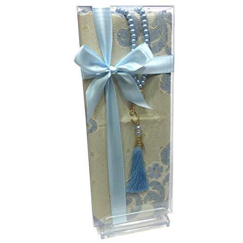 Ilm Verlag Geschenkbox mit Perlentesbih und Seccade - Gebetsteppich Muslimischer Gebetsteppich Namaz-LIK Seccade, Gebets-Matte, Salah, Sejadah, Seccade, Islamic Prayer mat Rug (Hellblau) Cover