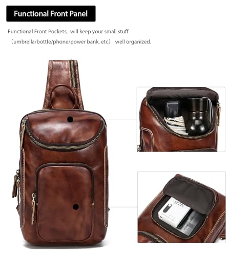 LANNSYNE Vintage Full Grain Leather Sling Bag Crossbody Chest Daypack And Travel Passport Long Wallet for Men/Women RFID Blocking3