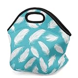 Mexpekil Bolsa de almuerzo de neopreno para mujeres, hombres, adultos, niños, patrón de plumas blancas, lonchera aislada, bolsa de picnic portátil para el trabajo, camping