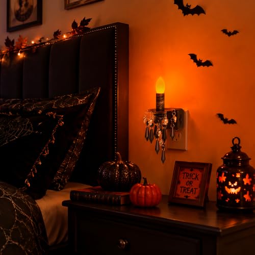 Image of Briignite Halloween Chandelier Night Light Plug in, Dusk to Dawn, Gothic | Dimmable Brightness Night Lights Plug into Wall, Amber Warm Glow, Skull Candlestick, Bathroom Bedroom Hallway Halloween Decor
