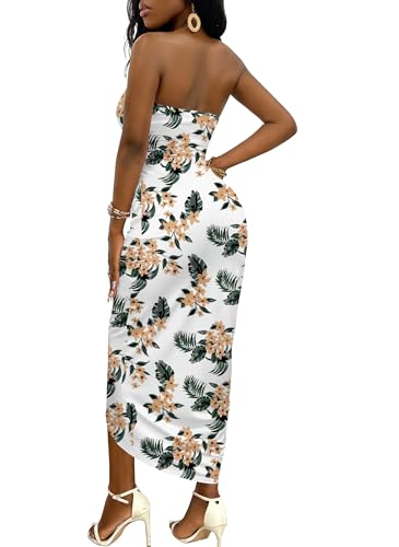 Image of Umenlele Women's Strapless Ruched High Waist Wrap Split Asymmetrical Beach Maxi Long Dress