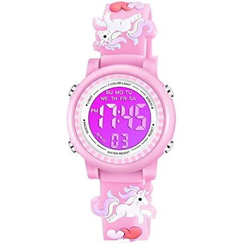 Venhoo Kids Watches for Girls Boys 3D Cartoon 30M Waterproof 7 Color LED Digital Child Wrist Watch Gifts for Girls Kid-Pink Cover