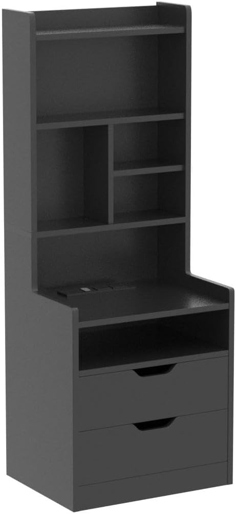 BTHFST Tall Nightstand with LED Lights and Charging Station, LED Black Nightstand with Shelves and 2 Drawers, Bedside Table with Bookshelf, Tall Side End Table with Storage