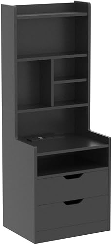 Miniatura 5 de BTHFST Mesita de noche alta con estación de carga y luces LED, mesita de noche LED blanca con estantería, mesita de noche con estantes y 2 cajones,