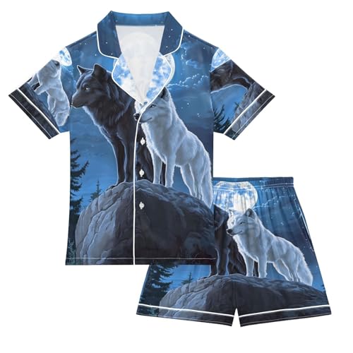 ALAZA Wolf Black White Moon Blue Satin Pajamas Set Short Sleeve Button Down Sleepwear Summer Pjs 2 Piece