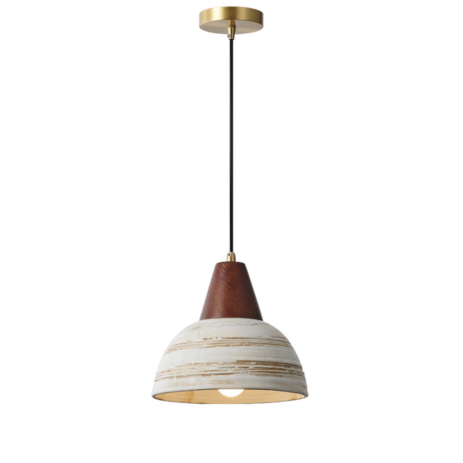 Suspension en céramique rustique avec finition bois, douille E27, câble réglable 150cm, luminaire vintage Japandi pour salon, chambre, salle à manger ou café (23cm)