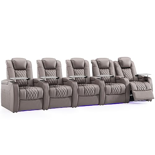 Image of Weilianda Home Theater Seating, Top Grain Leather Movie Theater Chair | Grey Row of 5, Zero Gravity, Power Headrest, Tray Table, Electric Reclining Seat for Media Room