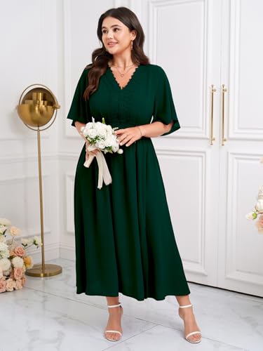 Image of SCOMCHIC Womens Plus Size Summer Maxi Dress Short Sleeve V-Neck Lace Boho A-Line Slit Flowy Wedding Guest Cocktail Dresses