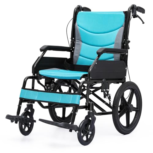 Magshion Foldable Transport Wheelchair for Adults 250 Lbs, Lightweight Transport Chair for Seniors, Portable Wheel Chair with Removable Cushion, Push-to-Lock & Hand Brakes, 17.5" Seat (Black Frame)