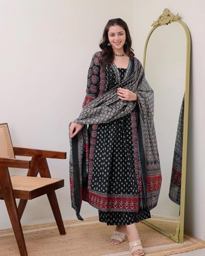 Image of ANNI Designer Women's Pure Cotton Anarkali Kurta Set for Women with Dupatta & Plazzo - Hand Block Print Suit Set | Stylish Dress | Cotton Kurta Set for Women