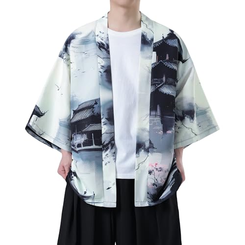 PRIJOUHE Kimono For Men Japanese Style Kimono Robe Jacket Lightweight Open Front Cardigan Seven Sleeve Yukata Coat