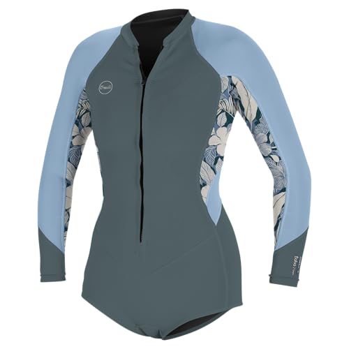 O'Neill Women's Bahia 2/1mm Front Zip, Long Sleeve, Short Spring Wetsuit, Shade/Palmento Tropical/Faded Denim, 10