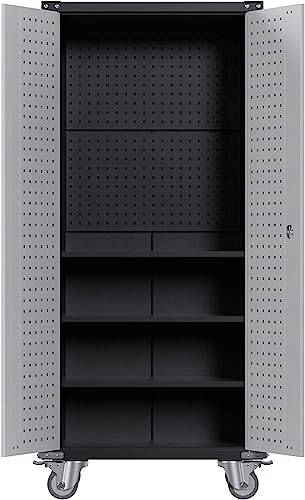 Gangmei 2023 Latest Rolling Metal Cabinet With Wheels And Pegboard, 71" H Garage Storage Cabinet With Doors And Shelves, Locking Steel Cabinet For Garage, Warehouse, Home, Office (Black/Gray) #TOP7