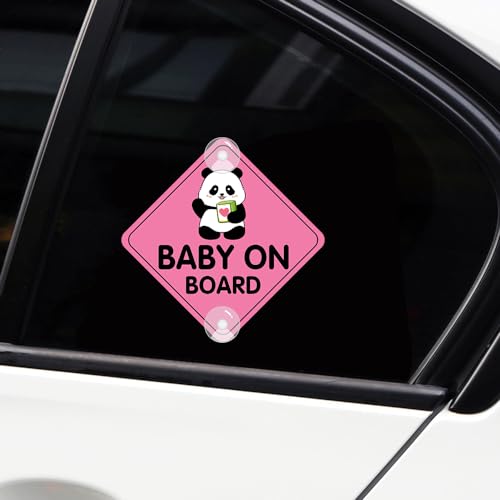 Image of 2PCS Panda Baby On Board Sticker for Cars, Cute Kids in Car Suction Cup Sign for Car Window Bumper Truck Auto Warning Decals (Suction Cup,Pink)