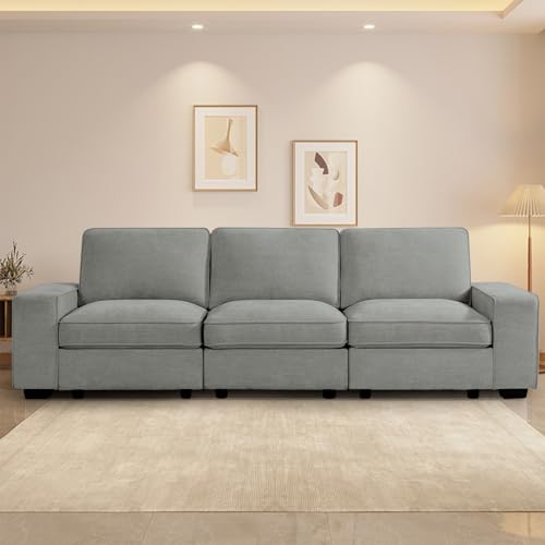 TEKAMON 100" Modular Sofa with Seats Storage, Comfy 3-Seater Chenille Fabric Couch for Living Room, Office, Apart W/Deep Seat, USB Charging, Upholstered Couch with Removable Cover(Light Grey)