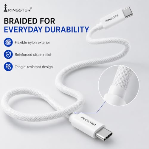 Image of KINGSTER 60W USB-C to USB-C Cable, 1 Metre Nylon Braided PD Fast Charging and 480Mbps Data Transfer Cable for iPhone 15 and Later, MacBook, iPad and Samsung Galaxy