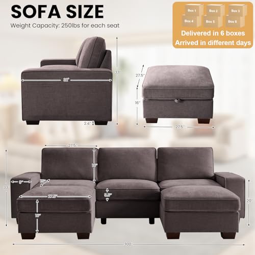 Image of TEKAMON 100 inch Modular Sectional Sofa with Seats Storage, U Shaped Couch with Movable Ottomans, Chenille Fabric Couch for Living Room, USB Port,Removable Cover(DKGrey, 3 Seater & 2 Ottomans-U Shape)