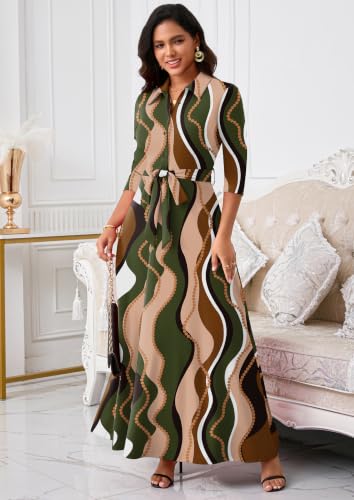 Image of Rumwind Maxi Dresses for Women, 3 /4 Sleeve Shirt Collar Casual Afircan Print Church Dress Button Down with Belt and Pockets