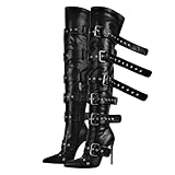 onlymakerheels Multi Buckle Strap Over the Knee Pointed Toe Belts Stiletto Heeled Booty Thigh High Black Size9