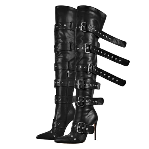 Multi Buckle Strap Over the Knee Pointed Toe Belts Stiletto Heeled Booty Thigh High