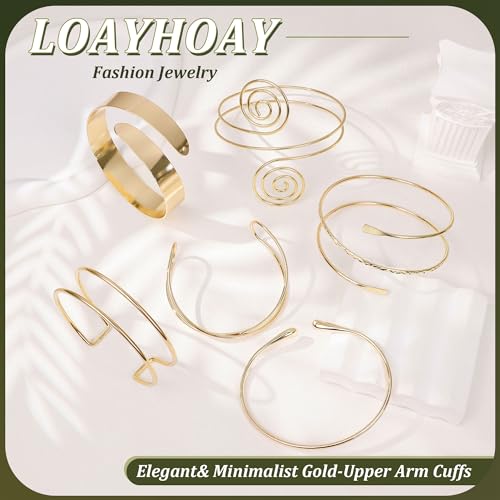 6PCS Gold Arm Cuff for Women Upper Arm Cuff Bracelets Adjustable Open Cuff Bangle Bracelet Minimalist Coil Swirl Upper Arm Bands Armband Set4