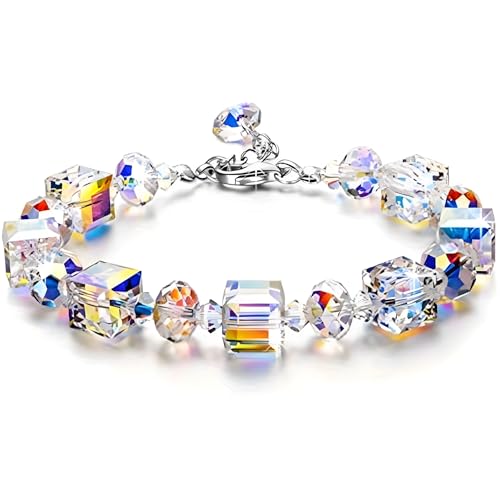 Image of Unified Jewellery Aurora Borealis Crystal Bracelet for Women, Iridescent Cube Beads, Adjustable Chain, Sparkling Fashion Jewellery Gift for Her 577