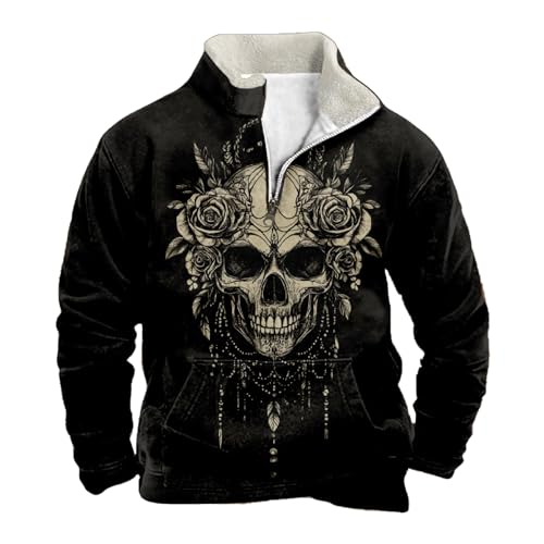 Biacolum Vintage Gothic Skeleton Floral Sweaters for Men Graphic Quarter Zip Fleece Big and Tall Tactical Pullover with Pockets Casual Warm Fall Winter Sweatshirts,3XL
