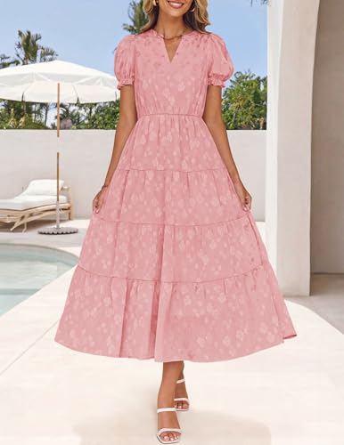 Image of ZESICA Womens Summer Floral Flowy Midi Dress 2026 Puff Short Sleeve V Neck Ruffle Tiered Beach Vacation Party Dresses