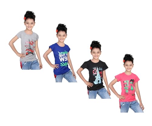 Image of indi weaves Girls Pure Cotton Chest Printed Half Sleeves Round Neck T-Shirts (Pack of 4)