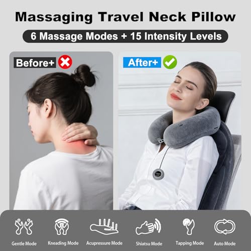 Inflatable Massage Travel Pillow for Airplane, Inflatable Travel Pillow with 6 Massage Modes and Compact Bag, U Shaped Neck Pillow for Airplane, Traveling, Train, Car, Sleeping, Office - Image 4