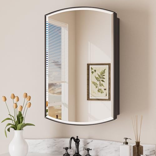 Image of Keonjinn Black Bathroom Medicine Cabinet with Mirror 16 inchx26 inch, Metal Framed