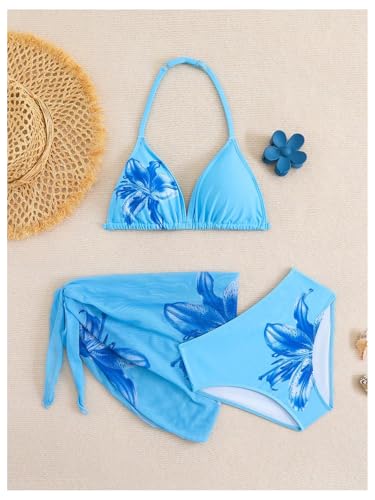 Image of SHENHE Girl's 3 Piece Swimsuits Cute Halter Triangle Bikini Bathing Suit with Beach Cover Up