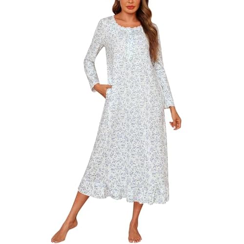 Marvmys Womens Cotton Long Sleeve Nightgown Long Sleepshirts Lace Trim Victorian Sleepwear with Pockets White Floral Small