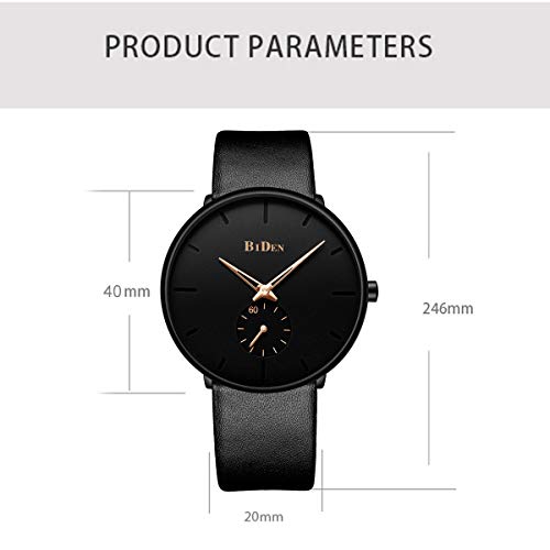 Mens Watch Ultra-Thin Quartz Analog Wrist Watch 30M Waterproof Fashion Minimalist with Leather Band - Black Gold