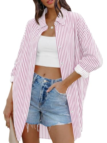 Image of FSHAOES Womens Oversized Button Down Shirts Casual Loose Long Sleeve Solid Lapel Long Blouses Tops with Pockets