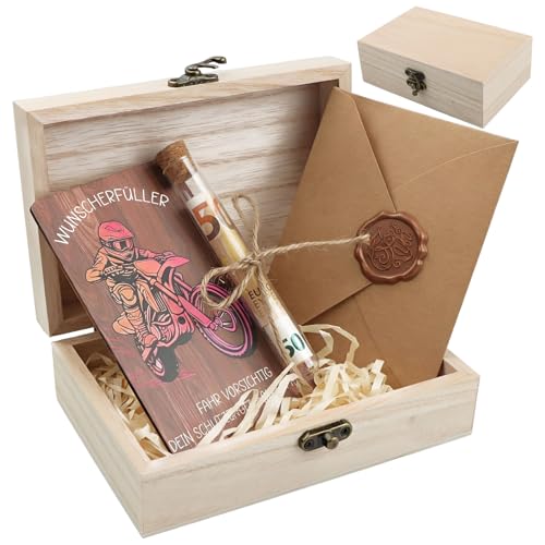 SRunDe Wunscherfüller Geldgeschenk Motorrad Gutschein Verpackung Motorrad Geldgeschenke Motorradfahrer mit Reagenzglas Geschenkbox Glückwunschkarte für Motorradfahrer Motorradführerschein Geschenke