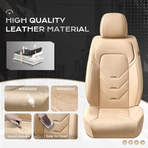 Image of Coverado Car Seat Cover Full Set, Front and Rear Seat Cover for Car, Leather Car Seat Protector, Beige Universal Seat Covers, Waterproof Car Seat Cushion, Automotive Seat Covers Fit for Most Vehicles