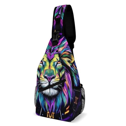 Men's Small Day Pack, Cross Body Sling Bag, Travel Hiking Fashion Chest Bag Trippy Lion Leo Constellation Art