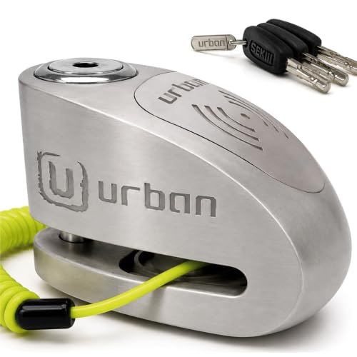 Image of URBAN UR910S Approved Motorcycle Disc Lock with Hi-Tech Alarm | 120dB, X2 ON | SRA & Sold Secure Gold Tested Anti-Theft for Motorbike Scooter Bike | 10mm Double Locking, Stainless Steel
