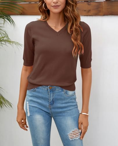 Image of Women Summer Knit Shirt Blouse V Neck Short Sleeve Pullover Sweater Tops