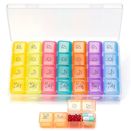 Pill Organizer (7 Day / 4 Times a Day) Portable Weekly Pill Box Case Dispenser for Vitamins/ Supplements/ Medication/ Fish Oil by AM, PM, Evening, Bedtime- Rainbow Colors