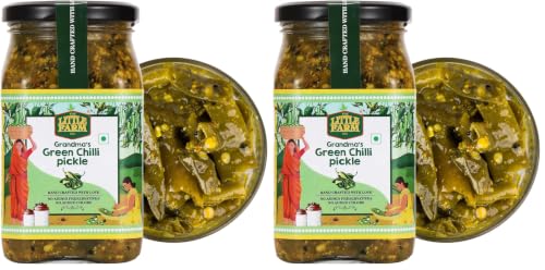 Image of THE LITTLE FARM CO Green Chilli Pickle - Hari Mirch ka Achar (400g)| Less Oil Mustard Base Homestyle Tangy Flavor Chilli Pickles | No Added Preservatives & Flavours | Traditional Recipe (Pack of 2)