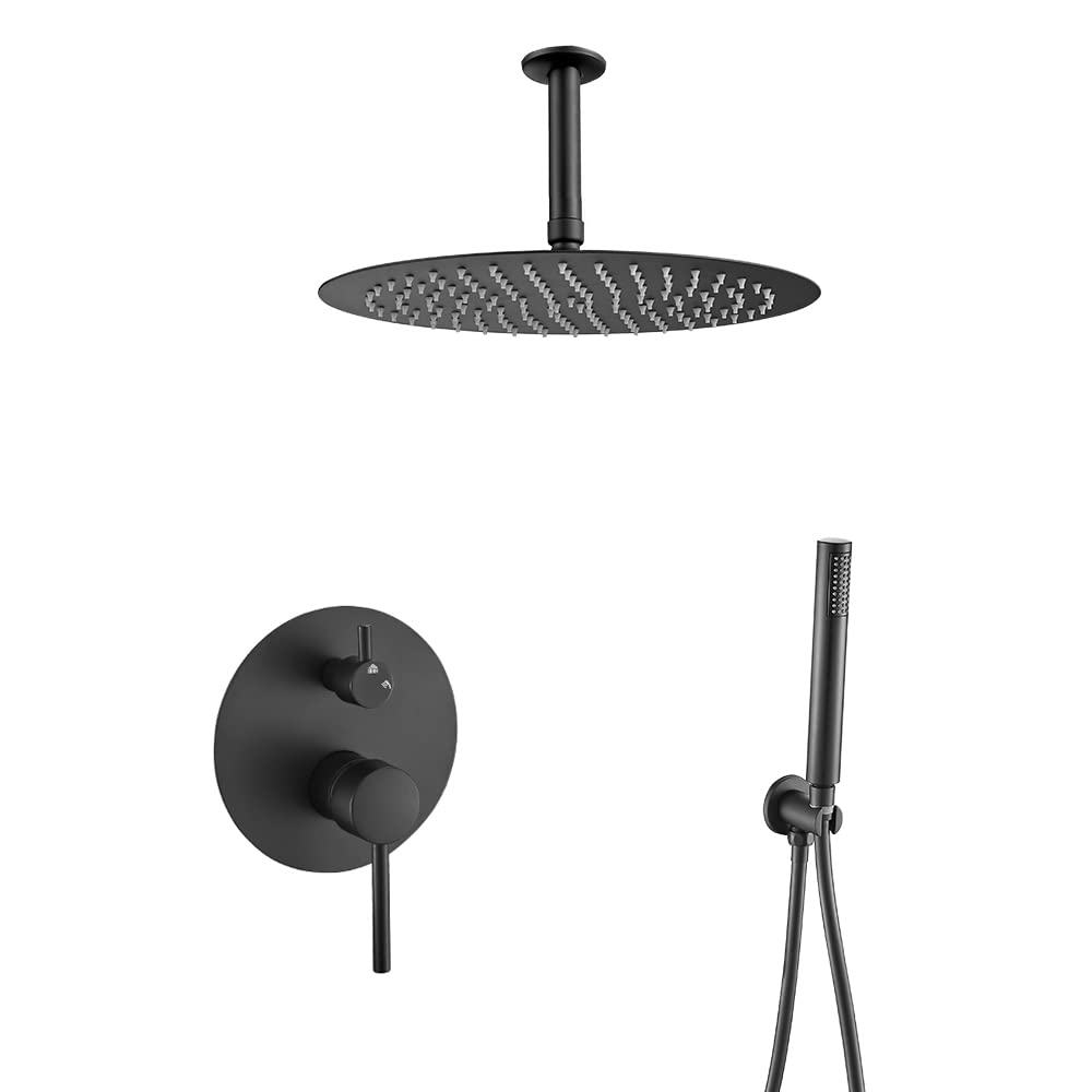 VALAZ Doccia Incasso Nero Opaco | Miscelatore Doccia Incasso Spruzzatore Effetto Pioggia | Installazione a Soffitto Facile | Inossidabile, Rotondo, Spruzzatore 20 cm, Serie Jucar