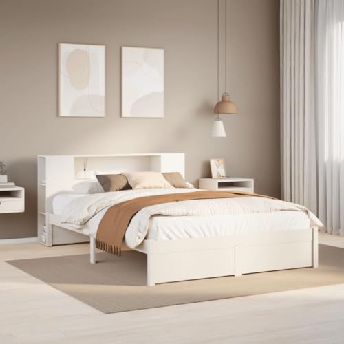 vidaXL Massivholzbett, Bett mit Bücherregal ohne Matratze, Bettgestell mit Lattenrost, Holzbett Doppelbett für Schlafzimmer, Weiß 120x200cm Kiefer