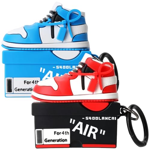 [2Pack] Gedicht for Apple Airpods 4th Generation Case Cover(2024) Cute Cartoon Shoe Box Soft Silicone Protective Cases for Airpods 4 Case with Keychain for Women MenRed+Blue