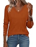 Zeagoo Womens V Neck Sweater Work Fall Long Sleeve Work Blouses Button Dressy Pumpkin Ribbed Knit Fashion Tunic Clothes Trendy Rust