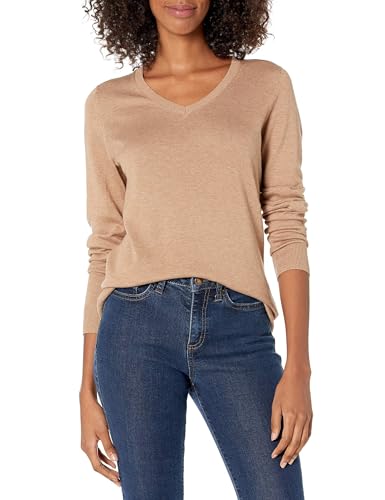Amazon Essentials Women's Regular-Fit Lightweight Long-Sleeve V-Neck Sweater (Available in Plus Size), Camel Heather, Medium